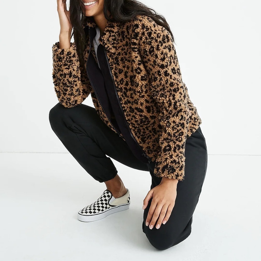 Madewell Sherpa Bomber Jacket in Leopard Size Small